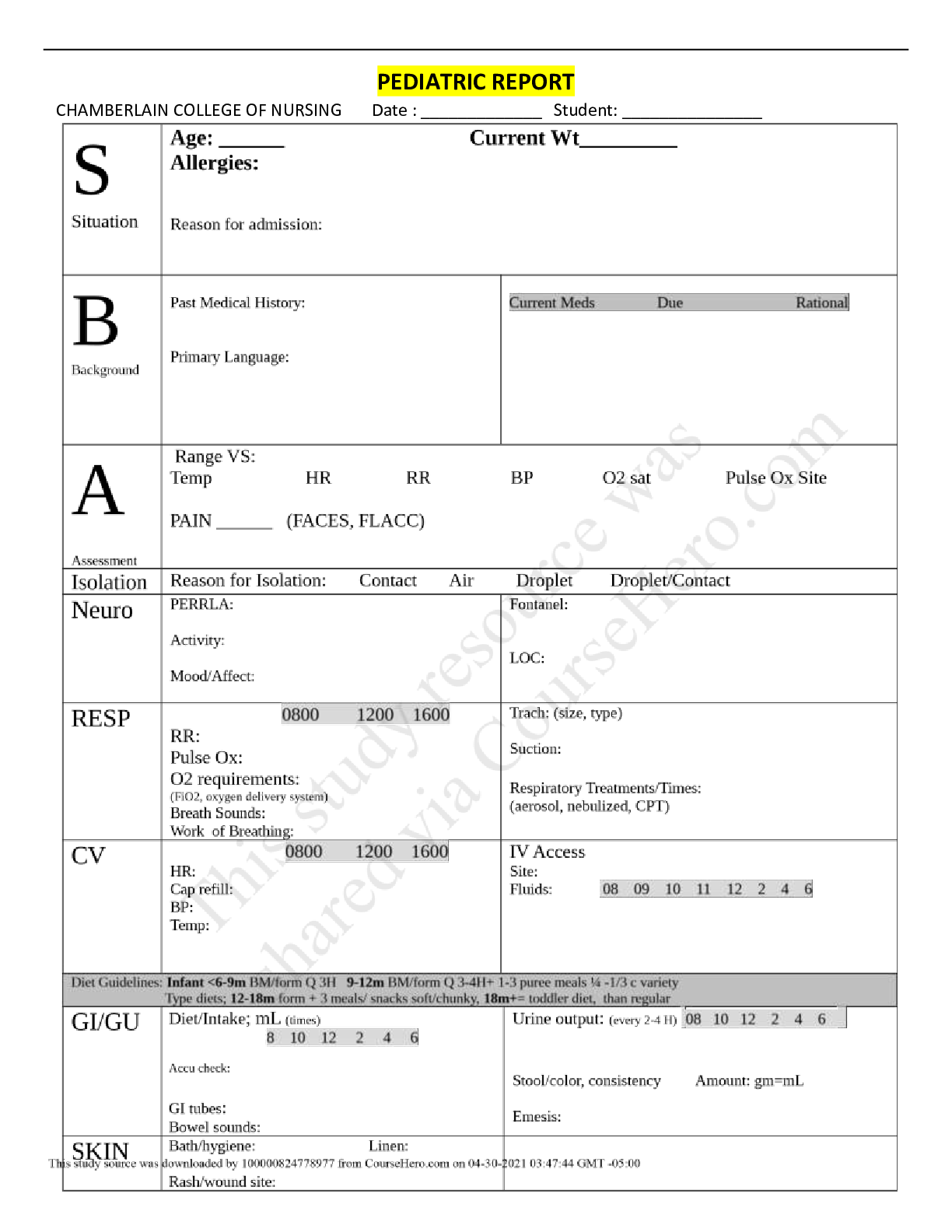 Preview image of PEDIATRIC REPORT/PEDS 327 Pediatric SBAR document